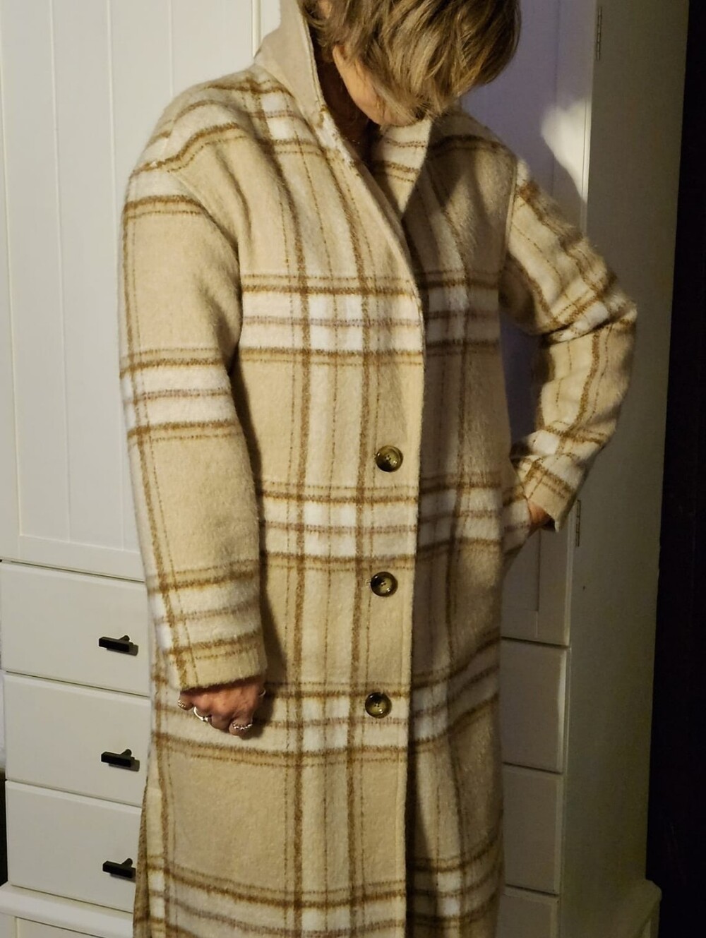 Old Navy Beige Plaid Wool-Blend Long Coat  Sz S